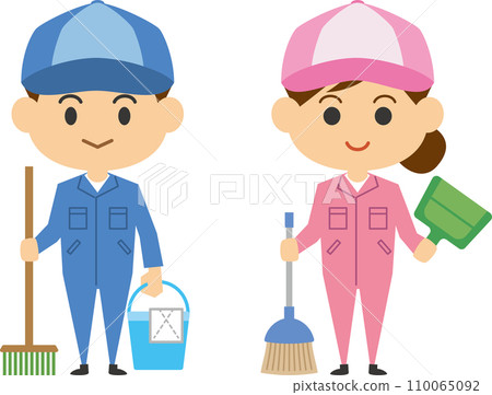 Image illustration of a cleaning worker holding cleaning tools (men and women set) Image illustration of a cleaning worker holding cleaning tools (men and women set) 110065092