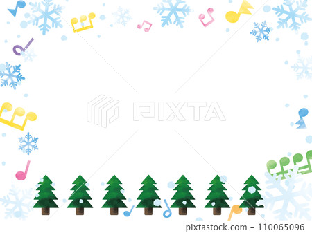 Light blue snowflakes, colorful musical notes and fir tree frame/background 02_horizontal 110065096