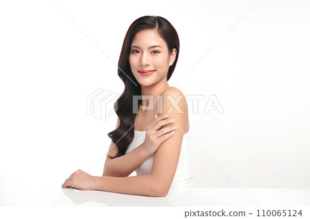 Beautiful young asian woman with clean fresh skin on white background, Face care, Facial treatment, Cosmetology, beauty and spa, Asian women portrait. 110065124