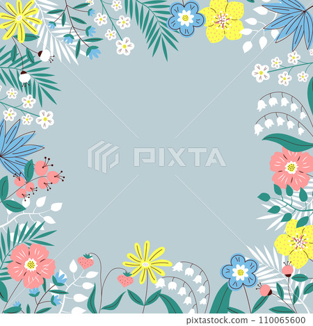 Spring background with flowers and leaves, plants and berries. Trendy abstract square art floral template. Copy space. Hand drawn colorful vector illustration. 110065600
