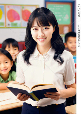 Female teacher holding a textbook in the classroom Female teacher holding a textbook in the classroom 110065765