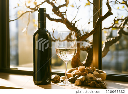 wine glasson window sill at home background 110065882