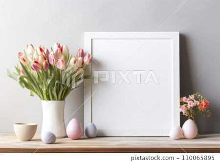 Photo frame mockup on wooden table with candles and flowers in interior 110065895