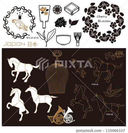 充滿日本傳統氛圍的向量插圖集。用細線繪製的線條藝術,日式符號標記的集合 充滿日本傳統氛圍的向量插圖集。用細線繪製的線條藝術,日式符號標記的集合 110066107