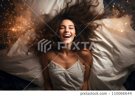 Young European woman having orgasm. Beautiful woman with open mouth and closed eyes enjoying sex lying among fireworks. Sparklers as a symbol of orgasm. Sexual experience, masturbation, cunnilingus. 110066644