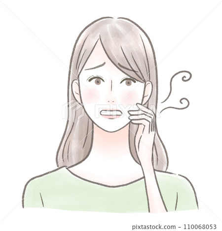 A woman who is concerned about bad breath with her hand over her mouth A woman who is concerned about bad breath with her hand over her mouth 110068053