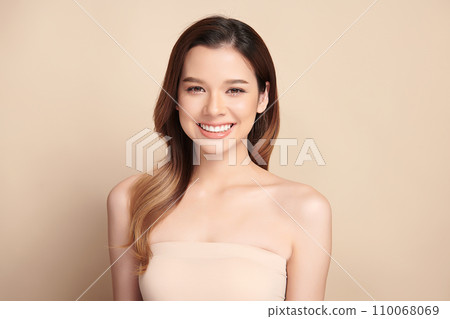 Beautiful smile of young asian woman with healthy white teeth on beige background, Dental care. Dentistry concept. 110068069