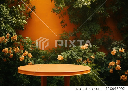 AI-generated content. Wooden table orange garden and blurred background copy space Generative AI 110068092