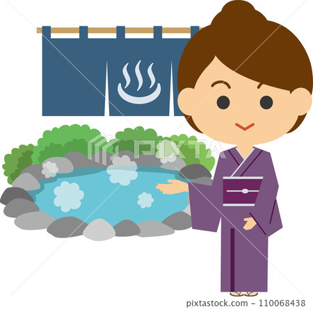 Image illustration of a landlady guiding people to a hot spring 110068438