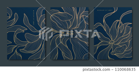 Vector set of gold leaves textures, abstract art deco floral patterns. elegant foliage covers, line japanese style drawing. Use for wine, spa, menu, perfume design. Vector set of gold leaves textures, abstract art deco floral patterns. elegant foliage covers, line japanese style drawing. Use for wine, spa, menu, perfume design. 110068635