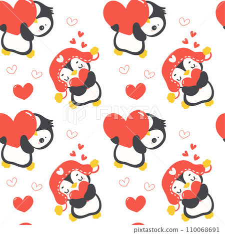 Love pattern seamless with Cute baby penguins Valentine with heart,  animal cartoon drawing illustration. 110068691
