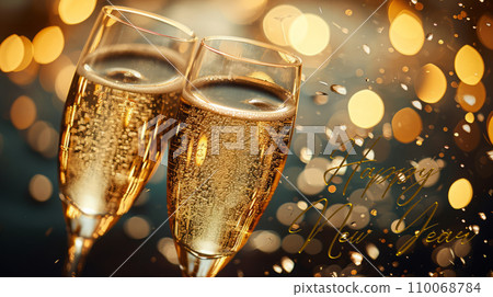 Happy New Year celebration with Champagne glasses and bokeh lights background. Happy New Year celebration with Champagne glasses and bokeh lights background. 110068784