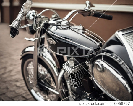 Vintage motorcycle with gleaming chrome and polished leather Vintage motorcycle with gleaming chrome and polished leather 110068797