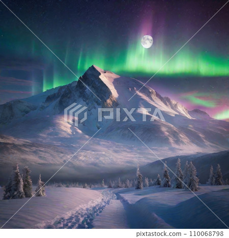 Ethereal aurora borealis over a snowy mountain range, with a full moon shining in the background, 110068798