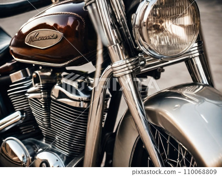 Vintage motorcycle with gleaming chrome and polished leather 110068809