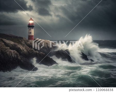 Lonely lighthouse on a rocky coast during a storm, with waves crashing and lightning Lonely lighthouse on a rocky coast during a storm, with waves crashing and lightning 110068838