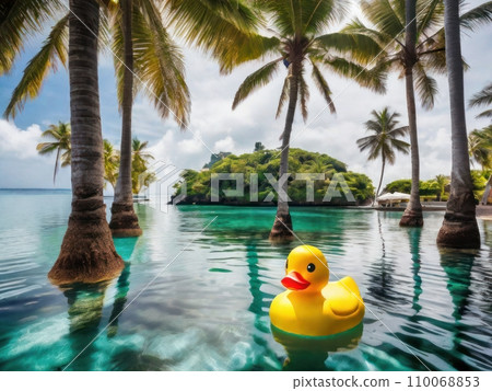 Rubber duck floating in the ocean with a small island on its back, surrounded by tropical palm trees and crystal clear water 110068853