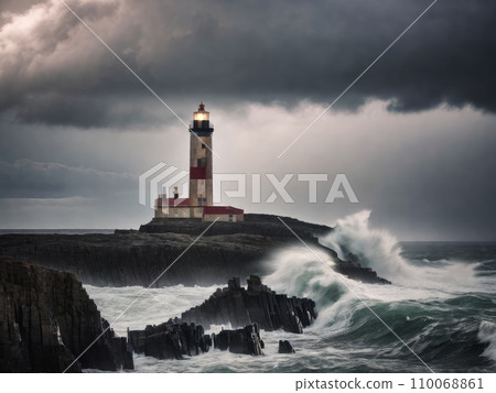 Lonely lighthouse on a rocky coast during a storm, with waves crashing and lightning Lonely lighthouse on a rocky coast during a storm, with waves crashing and lightning 110068861