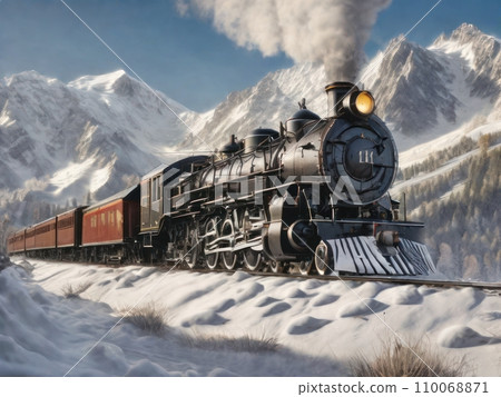 Steam locomotive in a snowy mountain range, surrounded by tall peaks and crisp clear air 110068871