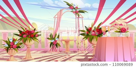 Wedding ceremony outdoor setup with arch Wedding ceremony outdoor setup with arch 110069089