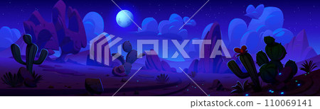 Night canyon desert landscape with cacti 110069141