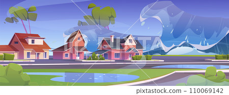 Giant tsunami wave covers coast with houses Giant tsunami wave covers coast with houses 110069142