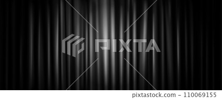 Closed black theater stage curtain with spotlight. Closed black theater stage curtain with spotlight. 110069155