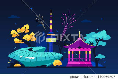 Bright nights in South Korea - modern colored vector illustration 110069207