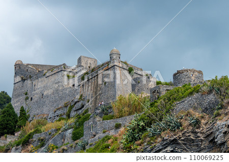 Italy, Portovenere, Doria Castle, military fortress, on the heights of the sea and the village 110069225