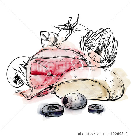 Hand drawn watercolor ink illustration. Fresh products assortment, ham cheese vegetables mushroom herbs. Composition isolated on white. Design restaurant, menu, cafe, food shop package, flyer, print. Hand drawn watercolor ink illustration. Fresh products assortment, ham cheese vegetables mushroom herbs. Composition isolated on white. Design restaurant, menu, cafe, food shop package, flyer, print. 110069241