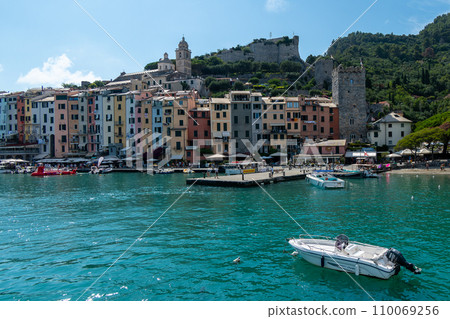 Italy, Portovenere, View, from the sea, of the village of Portovenere with the Doria castle 110069256