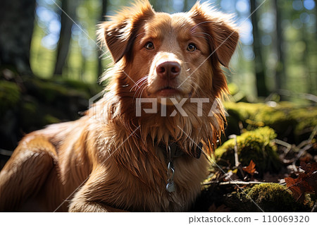 AI-generated content. Portrait of Scotia Retriever on a nature background, close up cropped photo. Ai art 110069320
