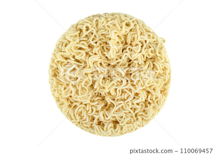 Top view of a circle of instant noodles on a white background. Top view of a circle of instant noodles on a white background. 110069457