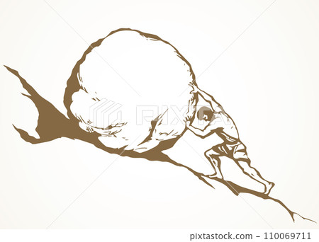 A man rolls a stone up the hill. Vector drawing A man rolls a stone up the hill. Vector drawing 110069711