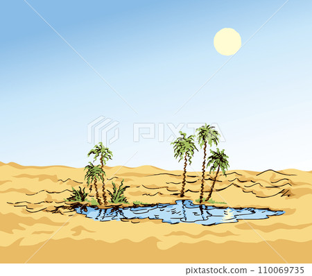 Mirage in the desert. Vector drawing 110069735