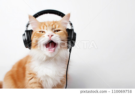 Funny cat listens to music on headphones and sings on a white background 110069758