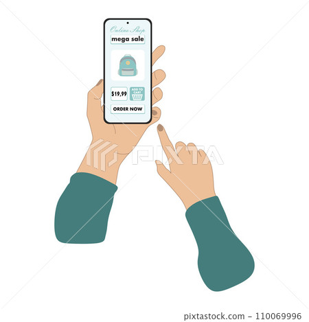 Hand holding Smartphone with Online shopping app concept. Technology for online business with White background Vector illustration. Flat style E-commerce Gadget. Text Shop now, Add to Cart Button. Hand holding Smartphone with Online shopping app concept. Technology for online business with White background Vector illustration. Flat style E-commerce Gadget. Text Shop now, Add to Cart Button. 110069996