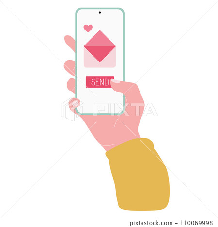 Female hand holding Smartphone with Love Message, Romantic Mail. Envelope with hearts on phone screen and button Send. Hand drawn vector illustration isolated on white background, flat cartoon style. Female hand holding Smartphone with Love Message, Romantic Mail. Envelope with hearts on phone screen and button Send. Hand drawn vector illustration isolated on white background, flat cartoon style. 110069998