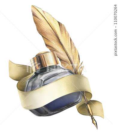 Paper ribbon scroll with ink in a glass inkwell with a gold lid and a gold writing pen. Hand drawn watercolor illustration. Isolated composition on a white background. 110070264