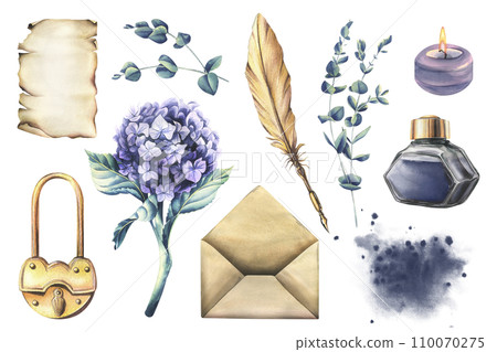 Writing supplies: papyrus paper, craft envelope, gold pen, ink, candle, lock and hydrangea and eucalyptus. Hand drawn watercolor illustration. Set of isolated elements on a white background. 110070275