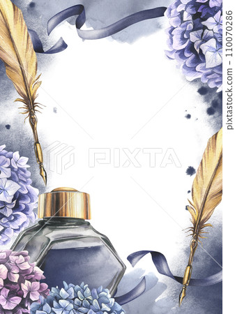 Inkwell with blue ink, gold pen, hydrangea flowers, ribbons, blots and splashes. Hand drawn watercolor illustration. Frame, vertical template for text on a white background. 110070286