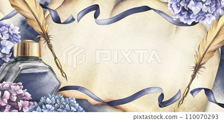 Inkwell with blue ink, gold pen, hydrangea flowers, ribbons, blots and splashes. Hand drawn watercolor illustration. Frame, horizontal template for text on a paper scroll background. 110070293