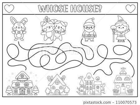 Holiday black and white maze for kids. Line activity with kawaii Santa Claus, witch, cats, bunny, house. Labyrinth game, puzzle, coloring page with Christmas, Easter, Valentine, Halloween character Holiday black and white maze for kids. Line activity with kawaii Santa Claus, witch, cats, bunny, house. Labyrinth game, puzzle, coloring page with Christmas, Easter, Valentine, Halloween character 110070573