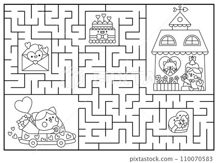 Saint Valentine black and white maze for kids. Love holiday line printable activity with kawaii characters, cake, letter. Labyrinth game, puzzle, coloring page with cute romantic date, cat 110070583