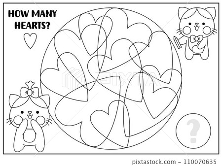 Saint Valentine black and white counting game with cute kawaii cats and heart squiggles. Love holiday line math activity for kids. Printable counting worksheet, coloring page. Quiz with hearts in Saint Valentine black and white counting game with cute kawaii cats and heart squiggles. Love holiday line math activity for kids. Printable counting worksheet, coloring page. Quiz with hearts in 110070635
