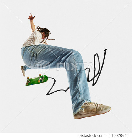 Contemporary art collage. Athlete man, skateboarder with long legs training tricks with skateboard in motion. Trendy magazine style. Championship 2024. 110070641
