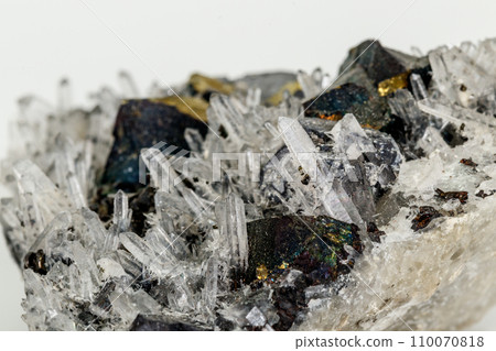 Macro stone mineral Pyrrhotite, quartz, Sphalerite, calcite, Galena on white background 110070818