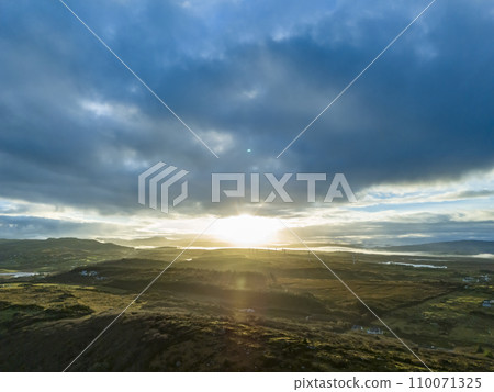 Aerial view of Castlegoland hill by Portnoo - County Donegal, Ireland. Aerial view of Castlegoland hill by Portnoo - County Donegal, Ireland. 110071325