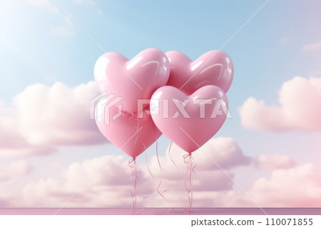 AI-generated content. Four Pink Heart Balloons in the Beautiful Blue Sky with Soft Clouds 110071855