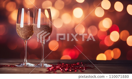 AI-generated content. A Beautiful Picture of Two Glasses of Champagne on the Bright Red Background 110071880